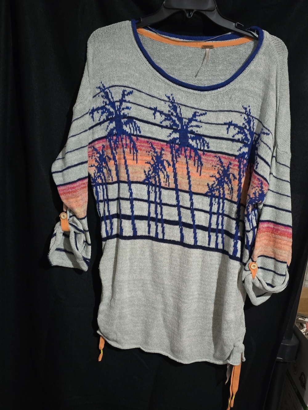 Free People Gray Palm-Print Knit Top with Navy and Orange Sunset Stripes